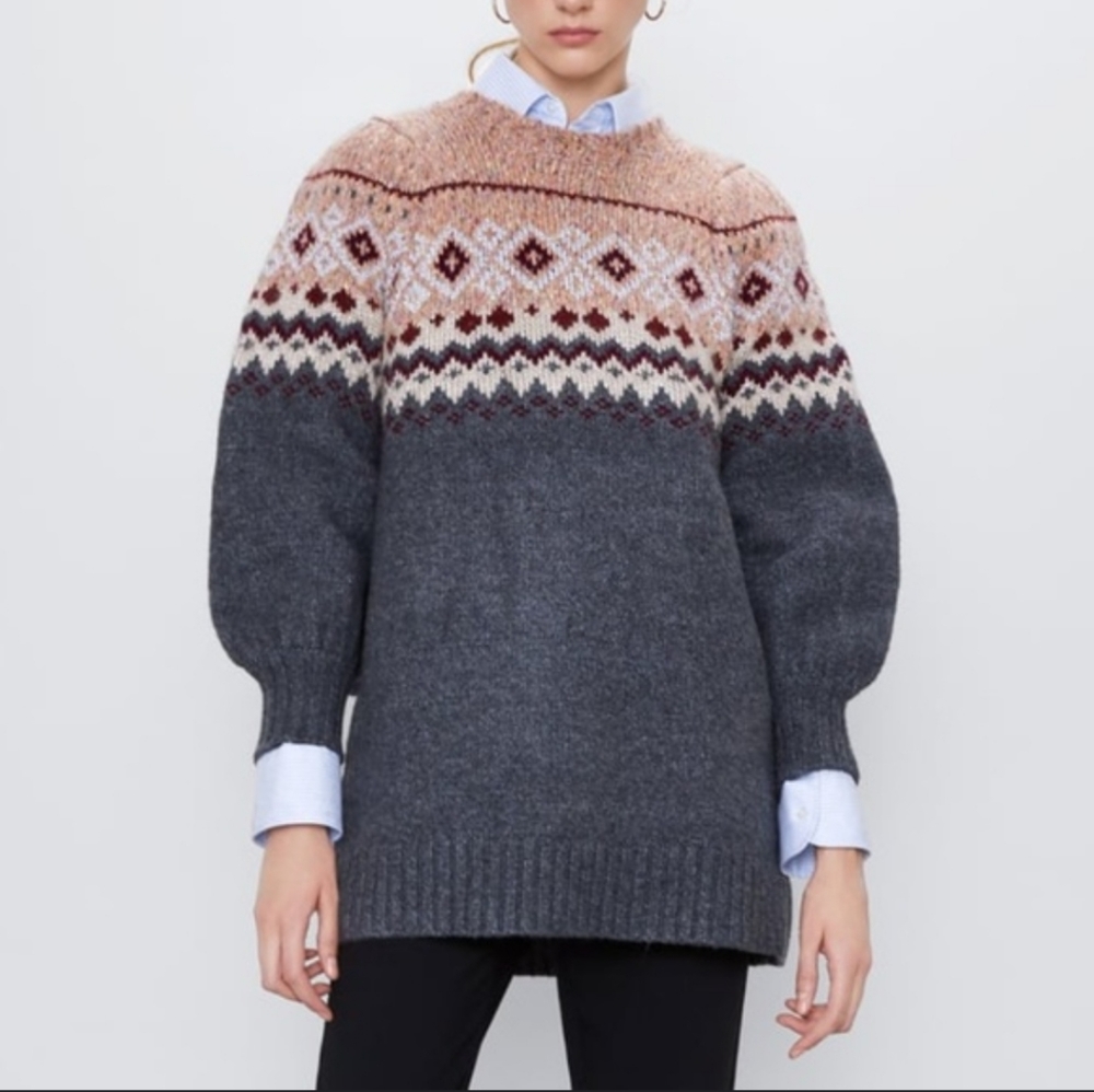 NWOT Rare Zara Fair Isle knit Balloon Sleeve Jacquard Dress small - Picture 2 of 13